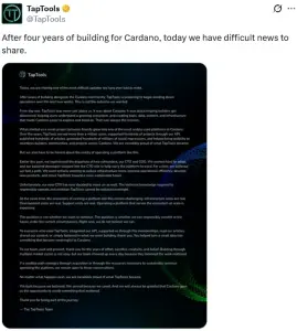 领导层流失迫使 Cardano 分析平台 TapTools 停止运营